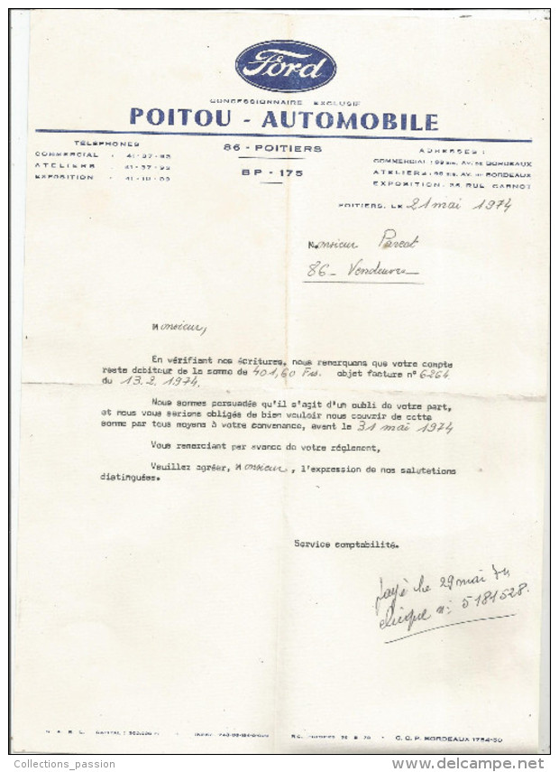 G-I-E , Lettre Commerciale , 1974 , FORD , POITOU - AUTOMOBILE , POITIERS , Vienne - 1950 - ...