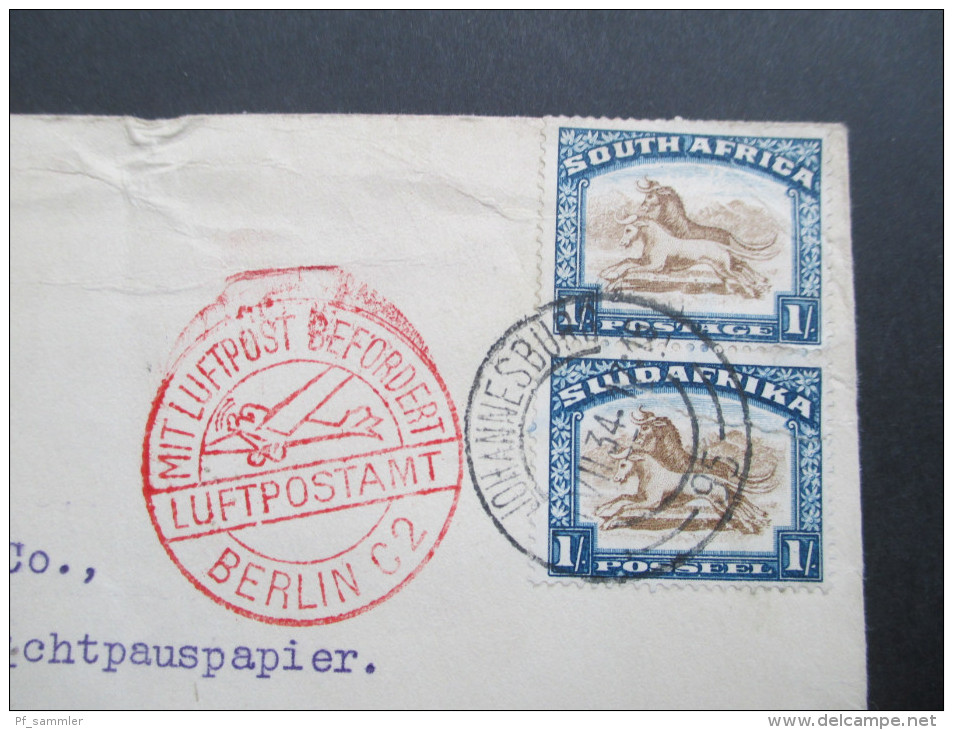 Johannesburg - DR 1934 Luftpost / Per Lugpos. Mit Luftpost Befördert Frankfurt (Main) 2 Flughafen. Luftpostamt! - Poste Aérienne & Zeppelin