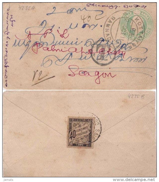 Br India King Edward, Postal Stationary Envelope, Used In Cochinchina To Saigon, Postage Due With Tax Stamp On Back - 1902-11 King Edward VII