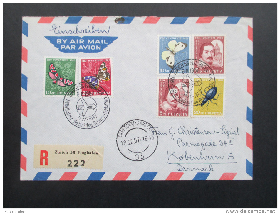 Luftpost 1957 Swissair Mittelholzer Gedenkflug Schweiz Südafrika Nach Kobenhagen. MiF Nr. 632 - 636. Zürich 58 Flughafen - Lettres & Documents