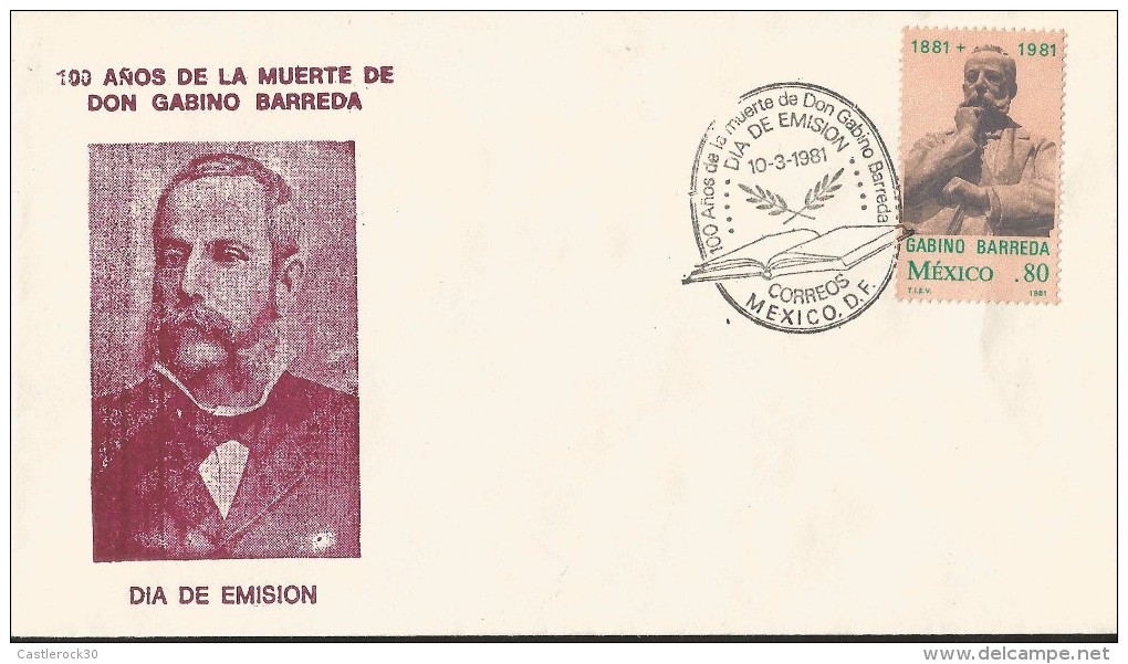 B)1981 MEXICO, MEXICAN REVOLUTION,  HISTORY,  STATUE, 100 YEARS OF THE DEATH OF DON GABINO BARRERA, UNUSED, FDC - Mexico