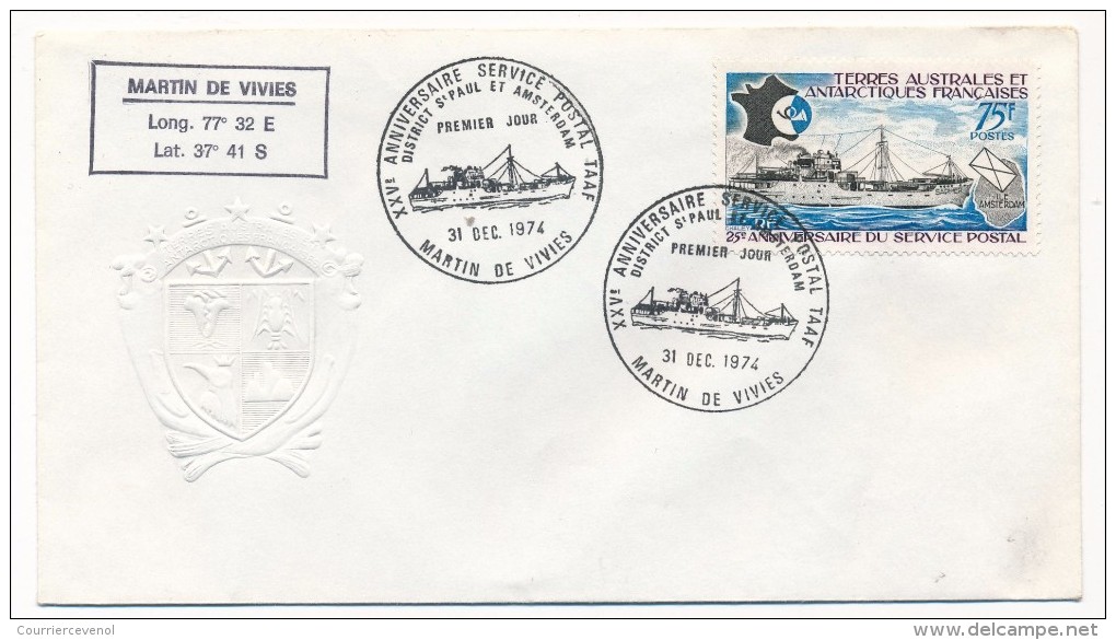 Enveloppe TAAF - 25eme Anniversaire Service Postal - Martin De Vivies - 31 Dec 1974 - FDC