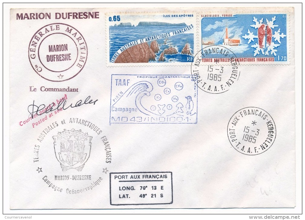 Enveloppe TAAF - Affr. Composé - Campagne MD43 Indigo1 - Port Aux Français Kerguelen 15-3-1985 - Brieven En Documenten