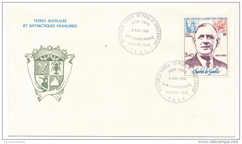 Enveloppe TAAF - Premier Jour 5,40 De Gaulle - Martin De Vivies St Paul Amsterdam 9 Novembre 1980 - FDC