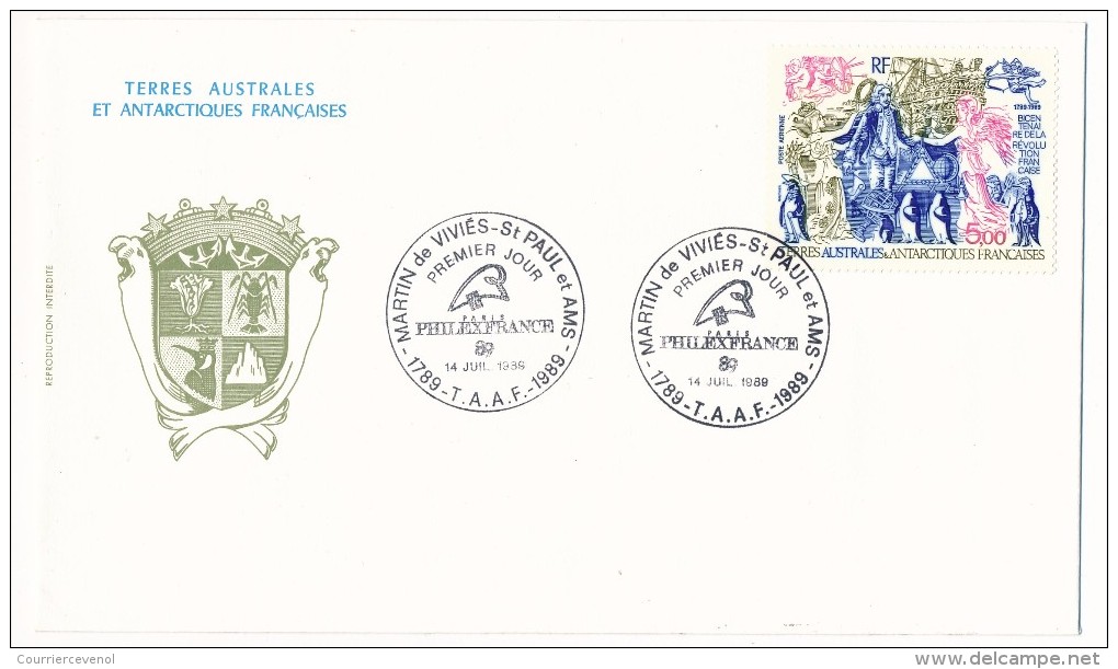 Enveloppe TAAF - Premier Jour Bicentenaire Révolution - Martin De Vivies St Paul Amsterdam 14 Juillet 1989 - FDC