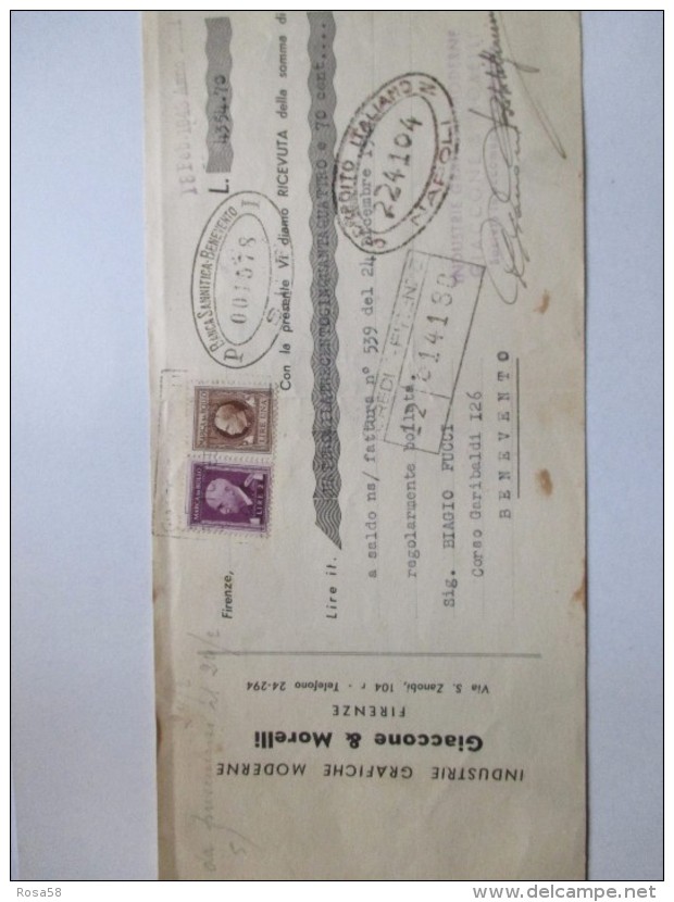 1943 Ricevuta Bancaria Industrie Grafiche GIACCONE & MORELLI Firenze Su Banca Sannitica Benevento Marche Da Bollo L.2+L. - Assegni & Assegni Di Viaggio