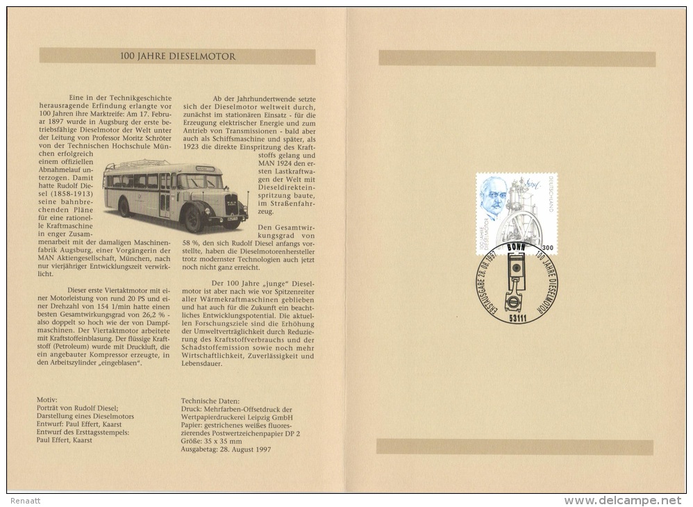 Germany 1997 Mi. 1942 FDC Folder Deutsche Post, Rudolf Diesel, German Inventor Of Diesel Engine, Mechanical Engineer - Auto's