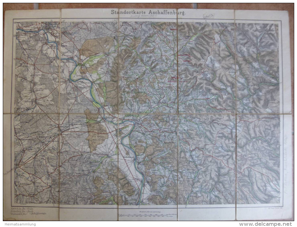 Aschaffenburg  - Standortkarte 1:100'000 - 40cm X 54cm - Auf Leinen Gezogen - Königlich Topographisches Bureau 1909 - Topographische Karten