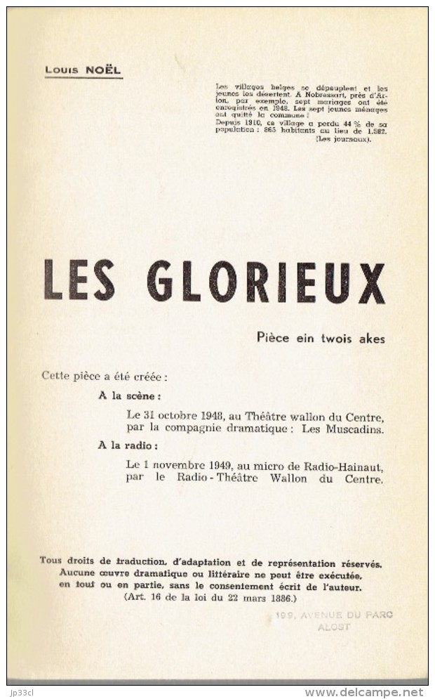 Les Glorieux De Louis Noël Pièce En 3 Actes En Wallon Du Centre La Louvière (1944) Créée Par Les Muscadins Le 31/10/1948 - Theatre