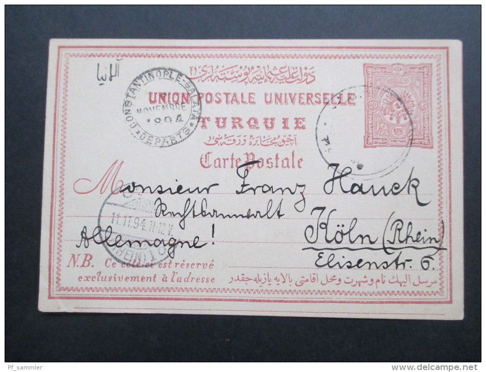 Türkei 1894 Ganzsache P16 Stempel Constantople Galata Departs. Karte Nach Köln. Interessante Karte - 1837-1914 Smirne