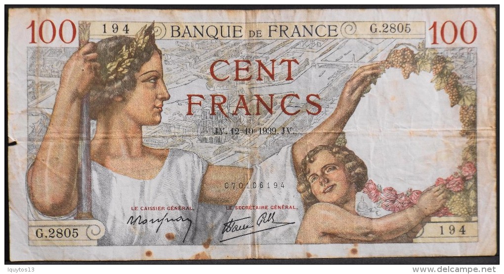 FRANCE 1 BILLET De BANQUE De 100Francs Type Sully - N° JV . 12=10=1939 . JV . - 100 F 1939-1942 ''Sully''