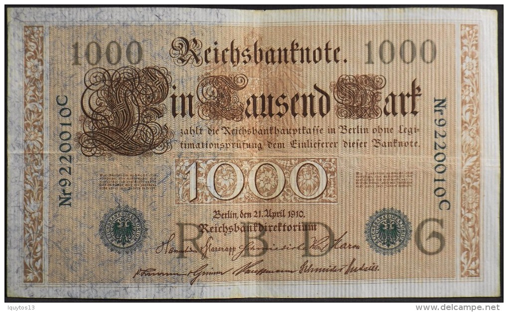 ALLEMAGNE - Reichsbanknote - 1 BILLET De BANQUE De 1000 Mark N° Nr 9220010C - Berlin Le 21 Avril 1910 - - 1000 Mark