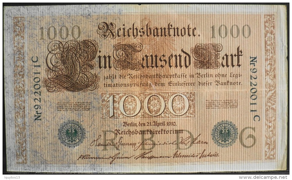ALLEMAGNE - Reichsbanknote - 1 BILLET De BANQUE De 1000 Mark N° Nr 9220011C - Berlin Le 21 Avril 1910 - - 1.000 Mark