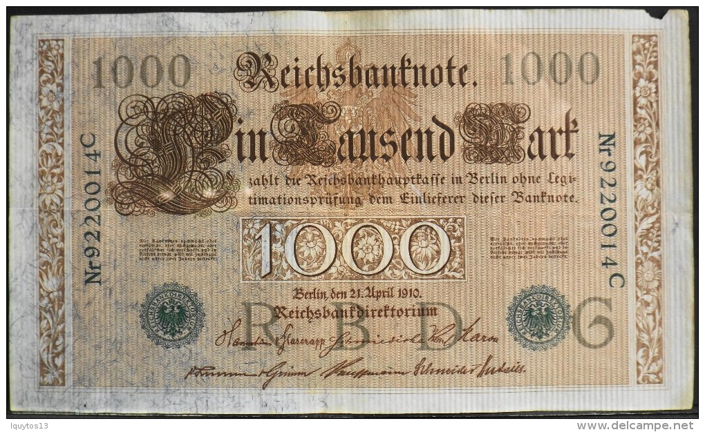 ALLEMAGNE - Reichsbanknote - 1 BILLET De BANQUE De 1000 Mark N° Nr 9220014C - Berlin Le 21 Avril 1910 - - 1000 Mark