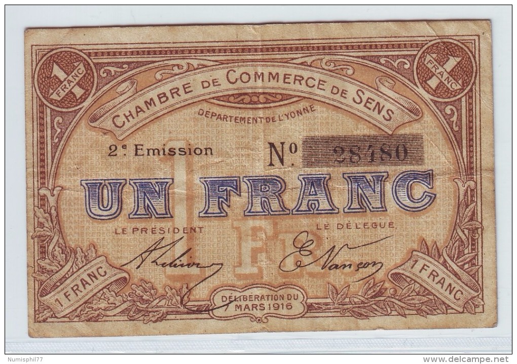 CHAMBRE DE COMMERCE SENS - UN FRANC 1916 - Chambre De Commerce