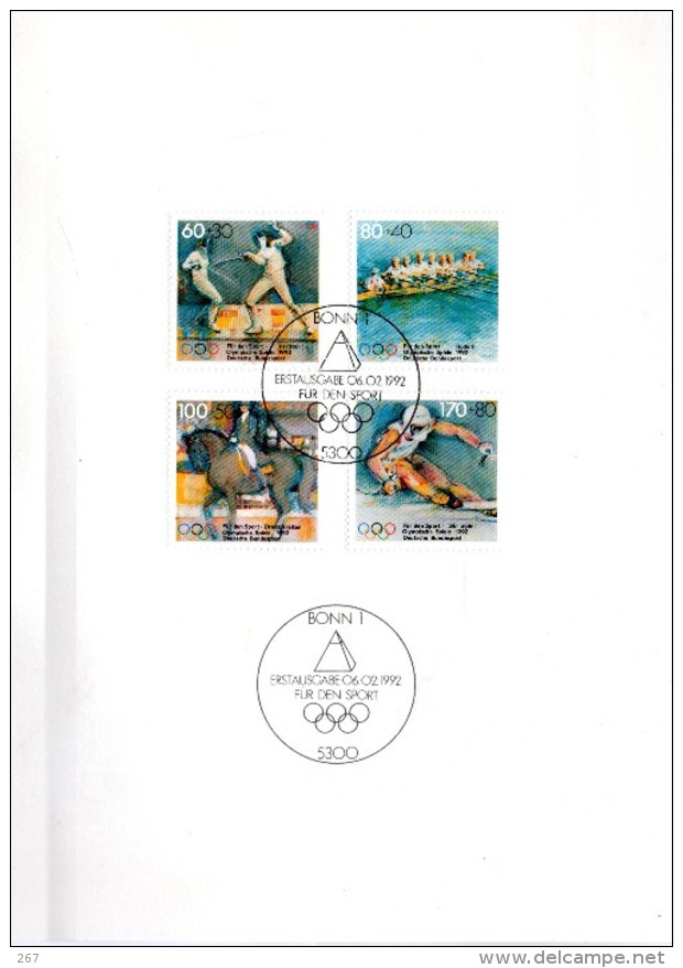ALLEMAGNE  Carte Document Jo  1992 Escrime Aviron Cheval Hippisme Ski - Rowing