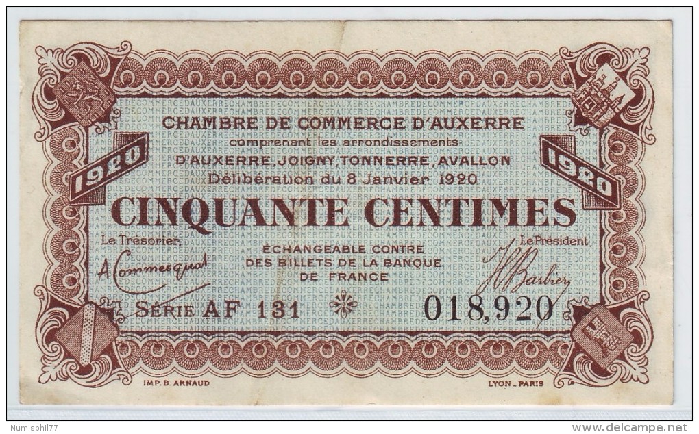 CHAMBRE DE COMMERCE AUXERRE - CINQUANTE CENTIMES 1920 - SUP - Chambre De Commerce