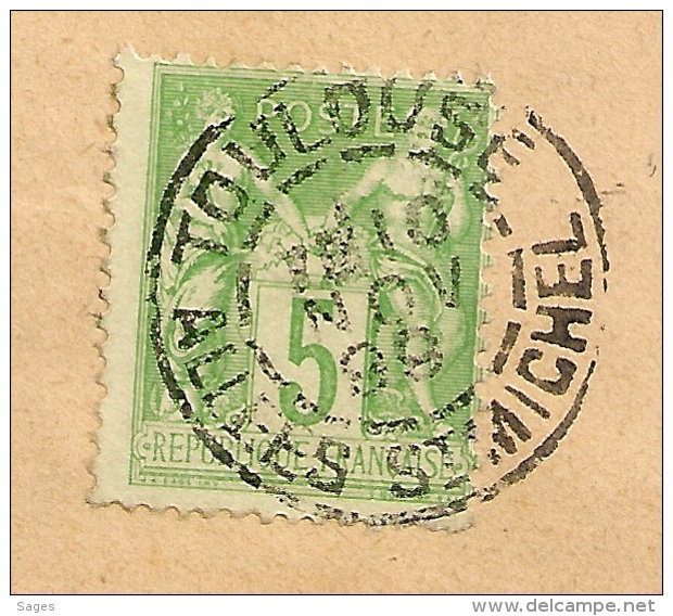 SAGE 5c Vert Jaune N°106 Sur ENVELOPPE OUVERTE, TOULOUSE ALLEES ST MICHEL Pour PARIS. - 1876-1898 Sage (Type II)