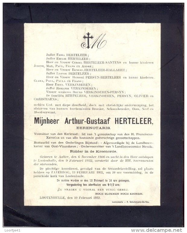 Devotie Doodsbrief - Ere Notaris Arthur Herteleer - Aalter 1866 - Lotenhulle 1932 - Décès