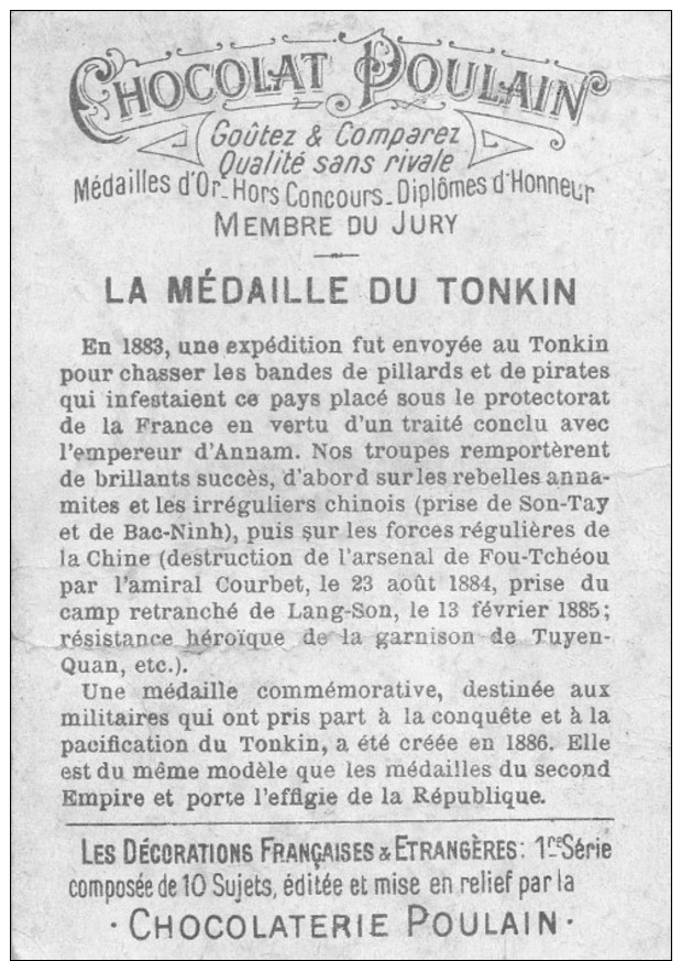 Chromos Chocolat Poulain, Tonkin, La Médaille Du Tonkin, Décorations Françaises Et Etrangères - Poulain