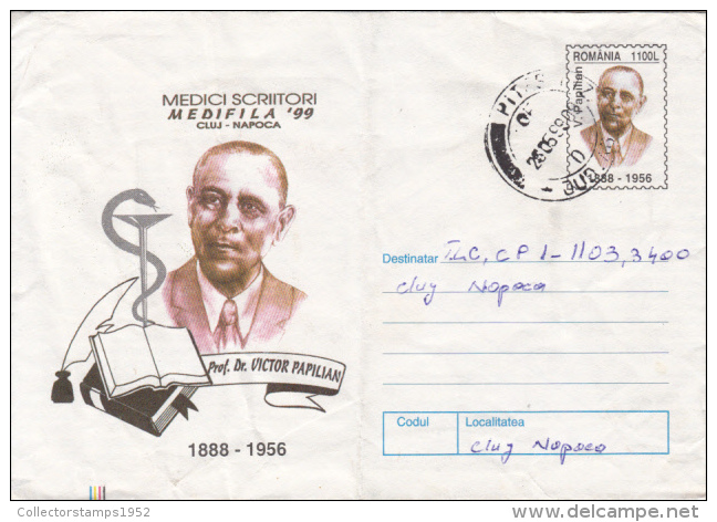 42948- VICTOR PAPILIAN, DOCTOR-WRITER, COVER STATIONERY, 1999, ROMANIA - Entiers Postaux