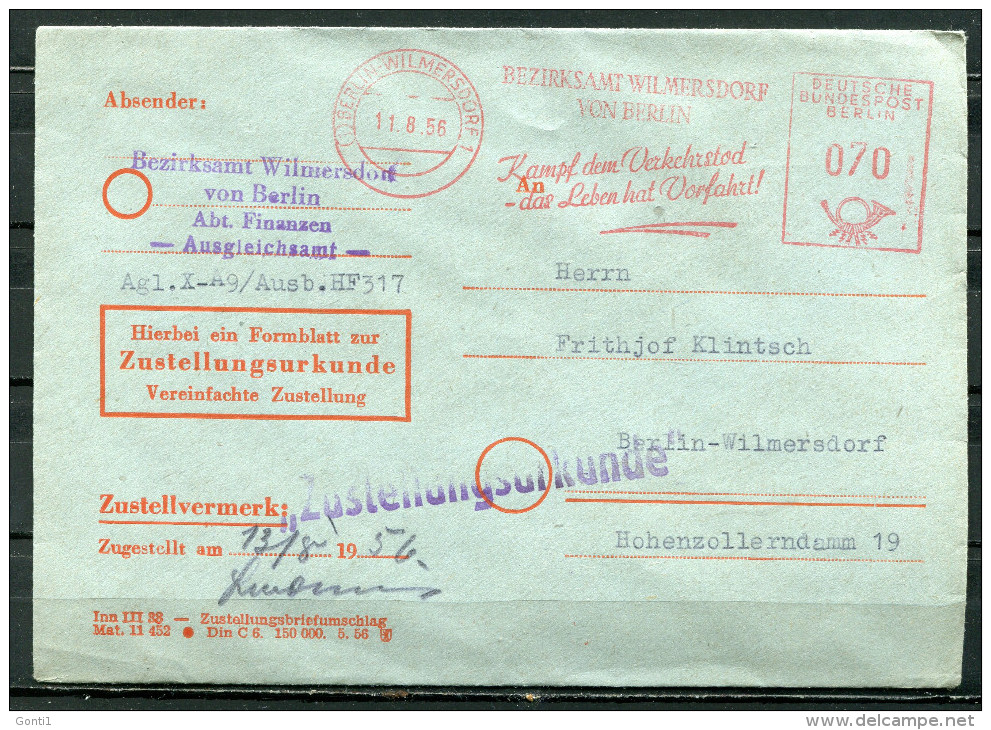 Germany Westberlin 1956 Zustellurkunden Cover Mit Roten Freistempler"Berlin Wilmersdorf-Kampf Dem Verkehrstod-.."1 Beleg - Accidents & Sécurité Routière