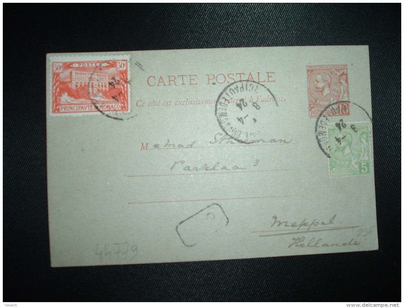 CP ENTIER 10 Pour HOLLANDE + TP 25 + TP 30 OBL.8-4-24 MONTE-CARLO PRINCIPAUTE DE MONACO - Storia Postale