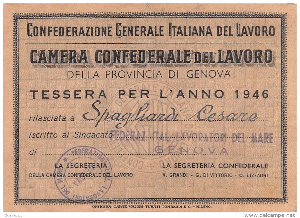 04296 "CAMERA CONFEDERALE DEL LAVORO - GENOVA - CGIL - TESSERA NR. 0.887.331 - ANNO 1946 " TESSERA ISCRIZIONE - Documents Historiques