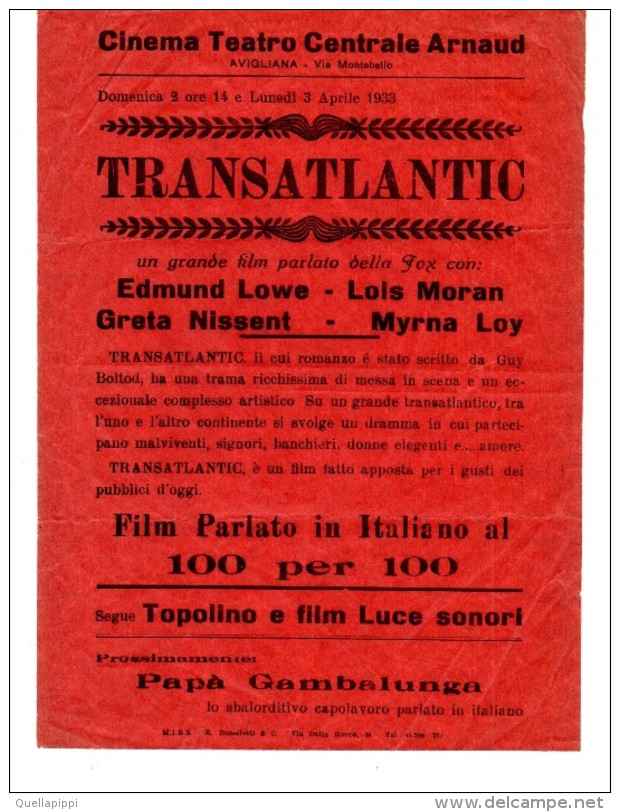 04299 "CINEMA TEATRO CENTRALE ARNAUD - AVIGLIANA - PROGRAMMA 2-3 APRILE 1933 - FILM TRANSATLANTIC" ROMANZO DI GUY BOLTOD - Programmi