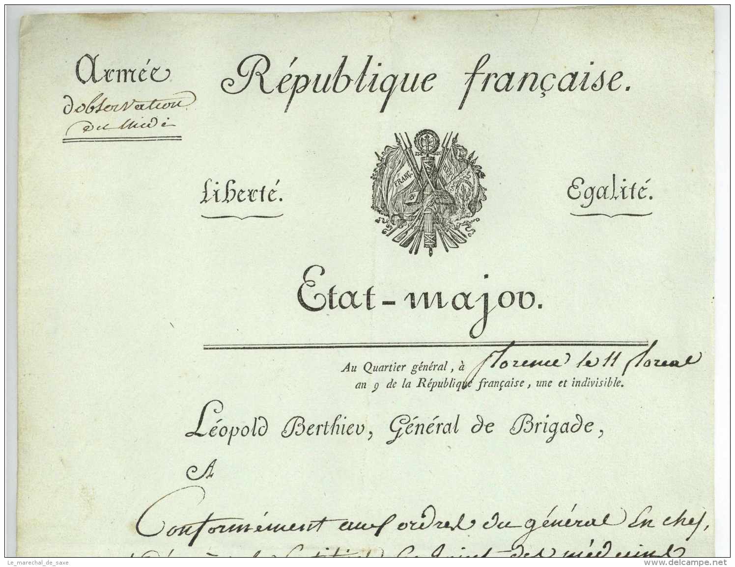 ARMEE D'ITALIE - Victor Leopold BERTHIER (1770-1807) - General - Florence 1801 Firenze Austerlitz Broussier - Historical Documents