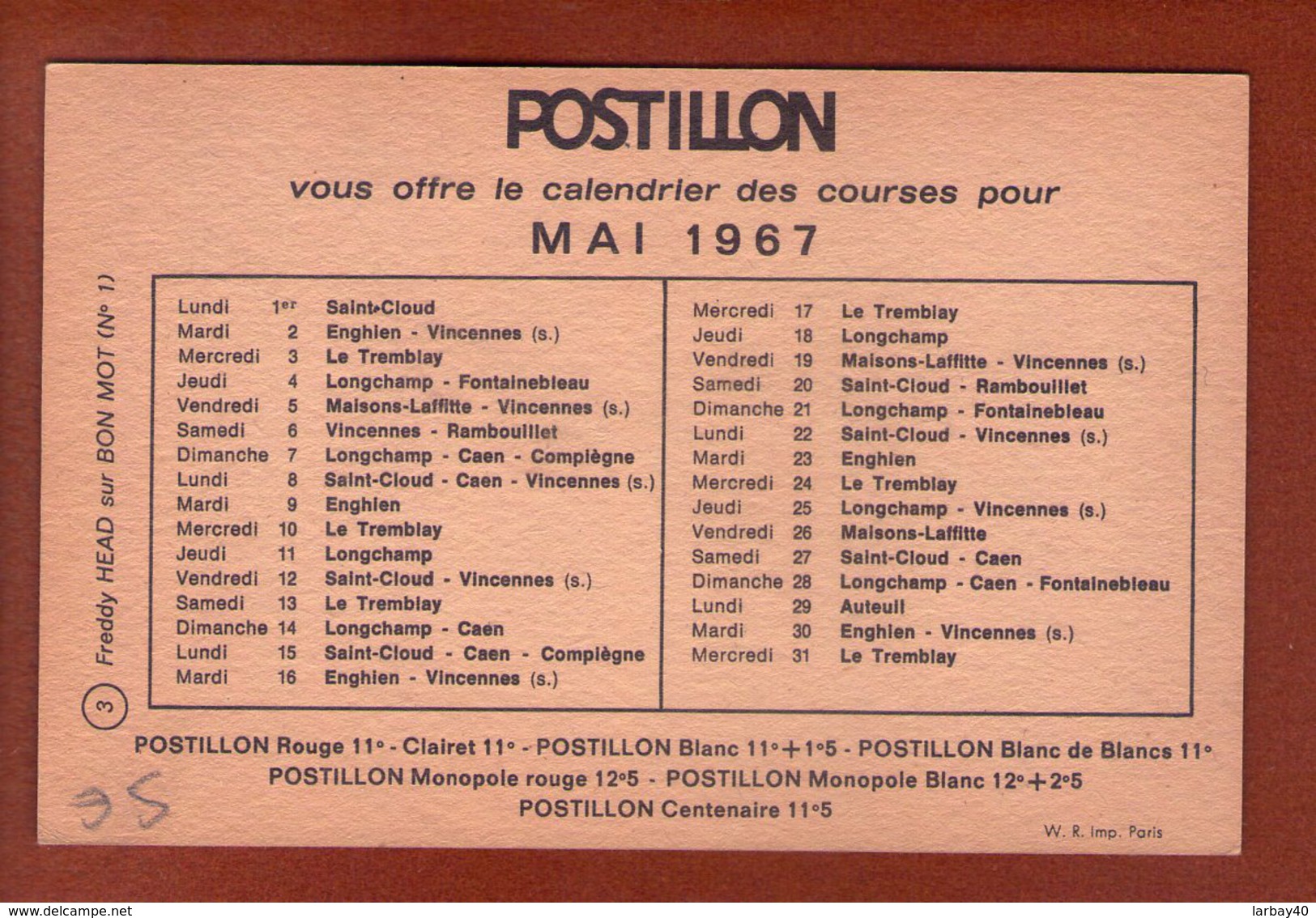 1 Cpa Postillon Calendrier Des Courses - Mai 1967  Freddy Head - Autres & Non Classés