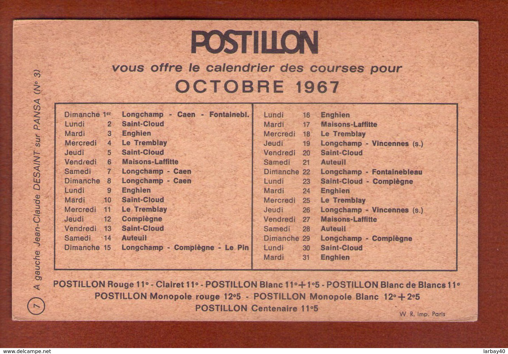 1 Cpa Postillon Calendrier Des Courses - Octobre 1967 Jc Desaint - Autres & Non Classés