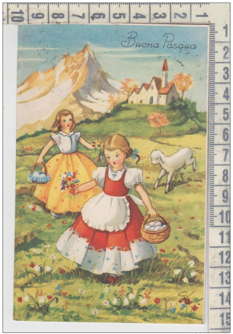 Buona Pasqua  Uova Paesaggio Montano Bambine Pecora Illustrata Galbi  1954 - Pasqua