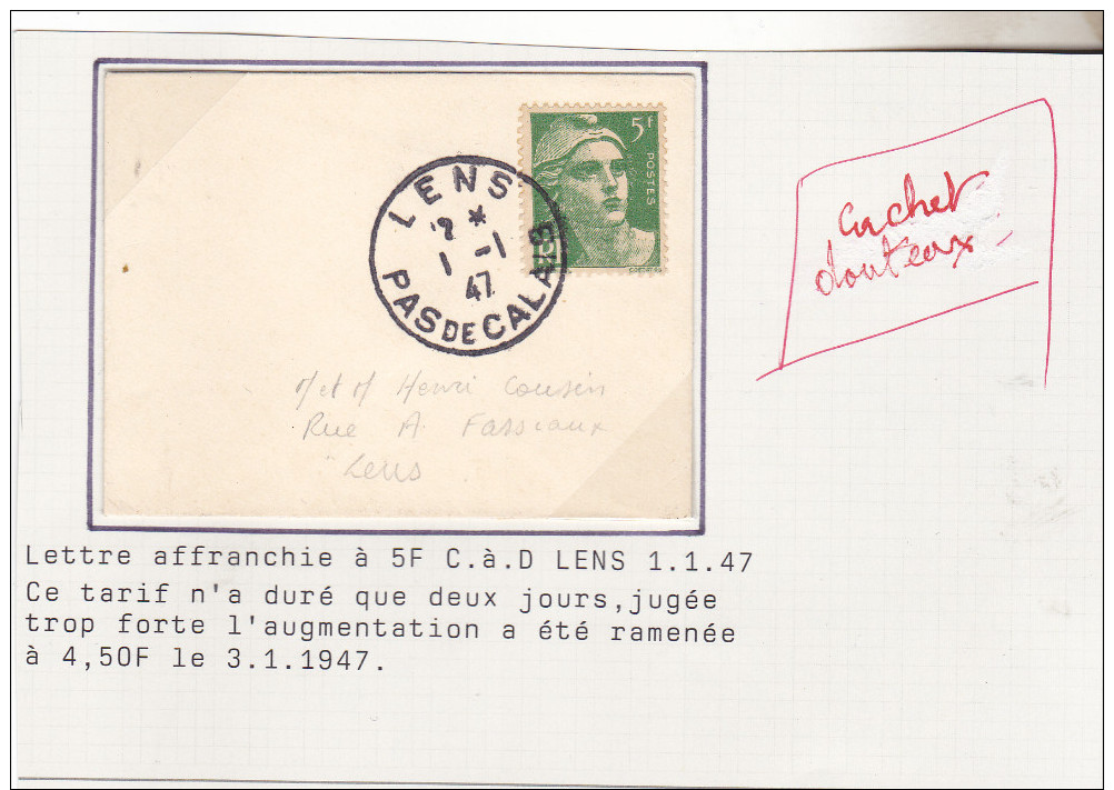 62 Lens Lettre Du 01.01.1947 (tarif Ephémère De 2 Jours) Mention Cachet Douteux, Sans Doute Un Faux ? Sinon Tb état. - 1921-1960: Période Moderne