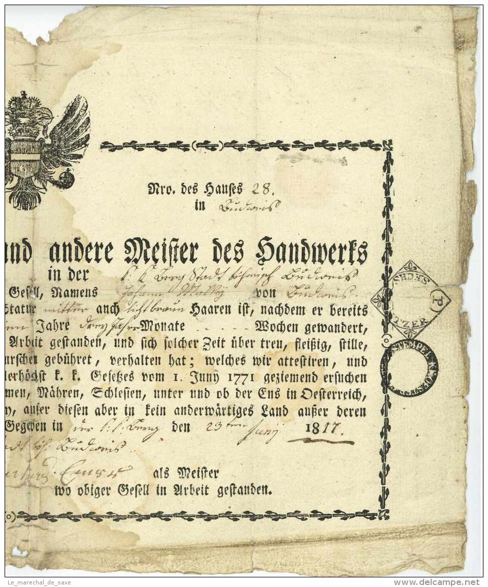 BUDWEIS Tschechien 1817 - Zeugnis - Meister Des Handwerks Der Fleischer Metzger - Historische Dokumente