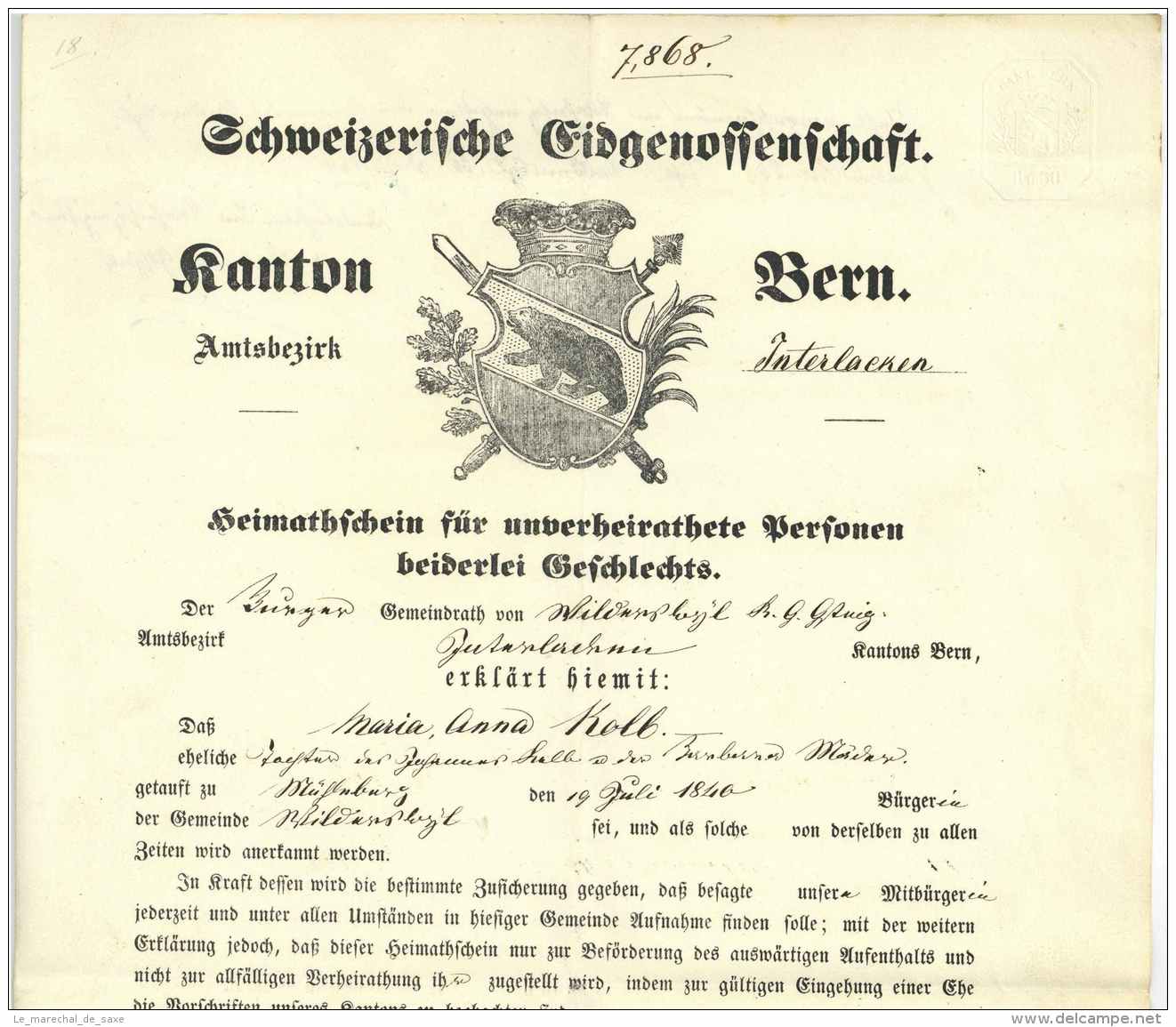 WILDERSWIL Gsteig Interlaken Bern Schweiz - Heimatschein 1861 - Historical Documents