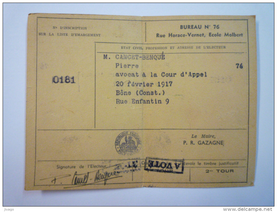 Ville D'ALGER  :  CARTE  D'ELECTEUR  Elections Municipales De 1953   - Other & Unclassified