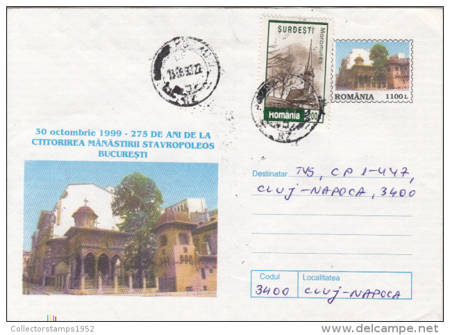 43209- BUCHAREST- STAVROPOLEOS MONASTERY, COVER STATIONERY, 1999, ROMANIA - Abbeys & Monasteries