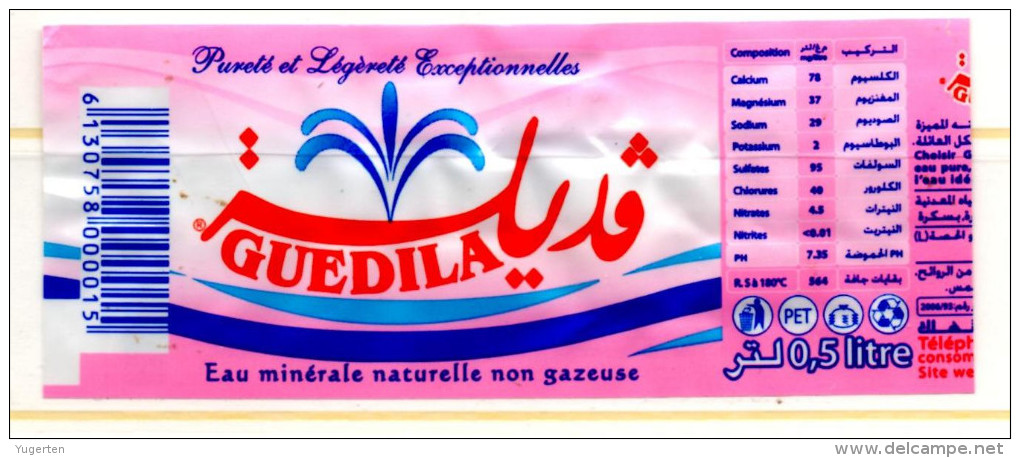 Etiquette Eau Minérale Mineral Water Label "Guedila" 0.5 L Mineralwasser Etikett Etiqueta De Agua Etichetta Acqua - Autres & Non Classés