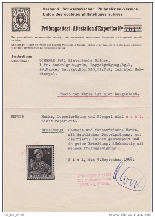 Schweiz1949 1941 1Fr. Zu#248 Gest.Doppelprägung Attest M. - Gebraucht