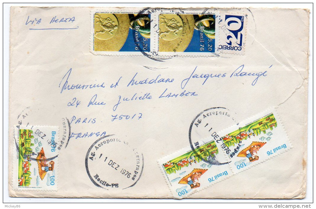 Brésil-1976--Lettre RECIFE Pour PARIS (France) -composition De Timbres-cachets - Storia Postale