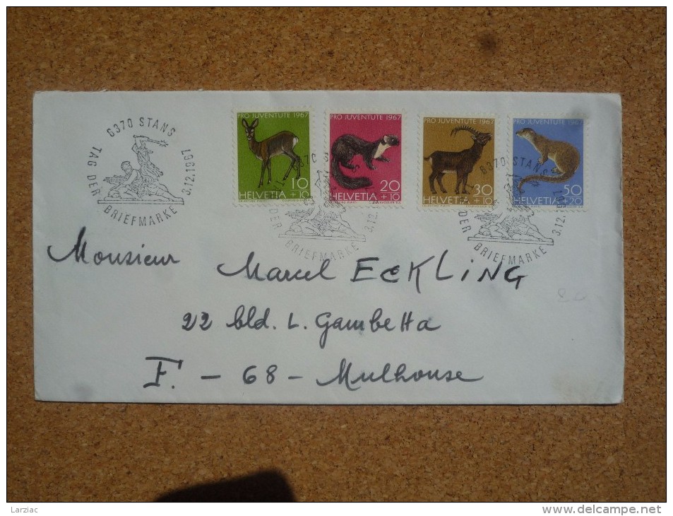 Enveloppe Pour Mulhouse Affranchie Pro Juventute 1967 Suisse Oblitération Stans 3.12.1967 - Covers & Documents