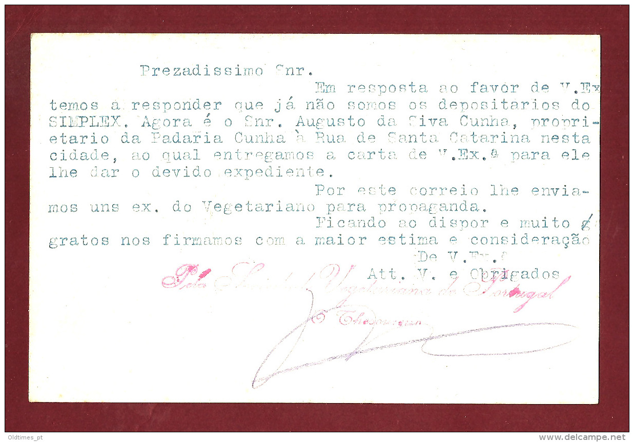 PORTO - SOCIEDADE VEGETARIANA DE PORTUGAL - DR. AMILCAR DE SOUZA - PRESIDENTE - 1910 PC - Porto