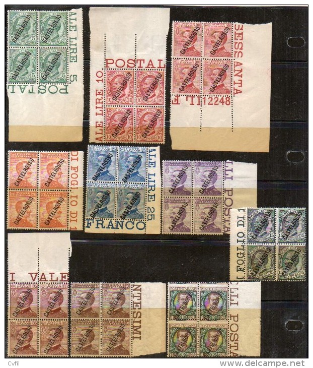 CASTELROSSO / CASTELLORIZO 1924. The Complete Set Of 10 Values In Blocks Of Four, Mint NH - Castelrosso