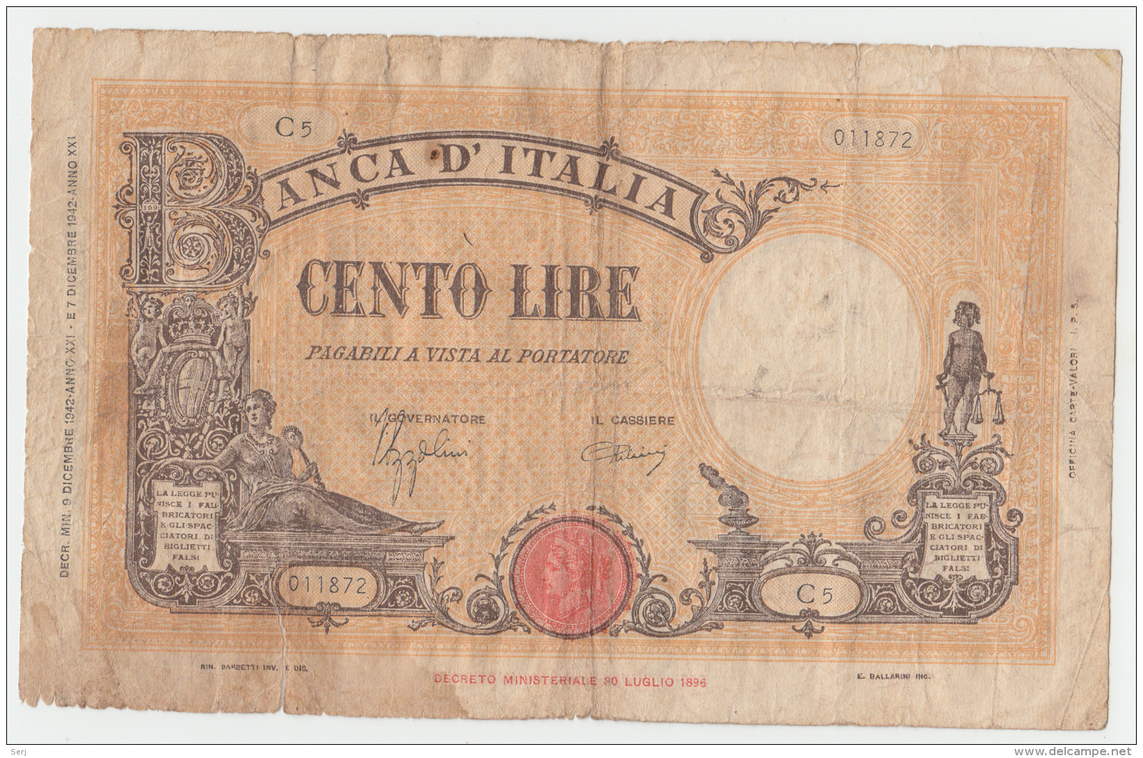 Italy 100 Lire 1942 VG Pick 59 - 100 Lire