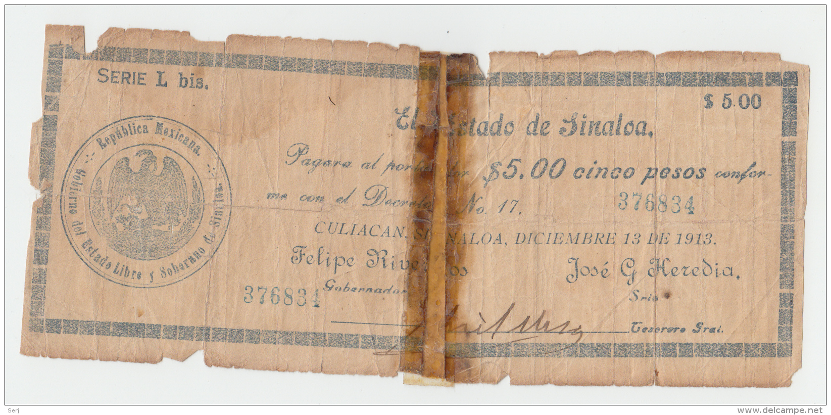 Mexico / Sinaloa 5 Pesos Dec - 13 - 1913 "Poor" Pick S1001 - Mexico