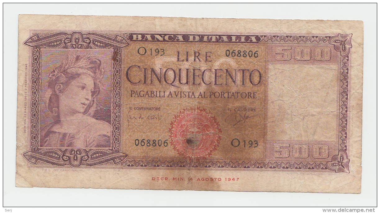 Italy 500 Lire 1961 VG Pick 80b 80 B - 500 Liras