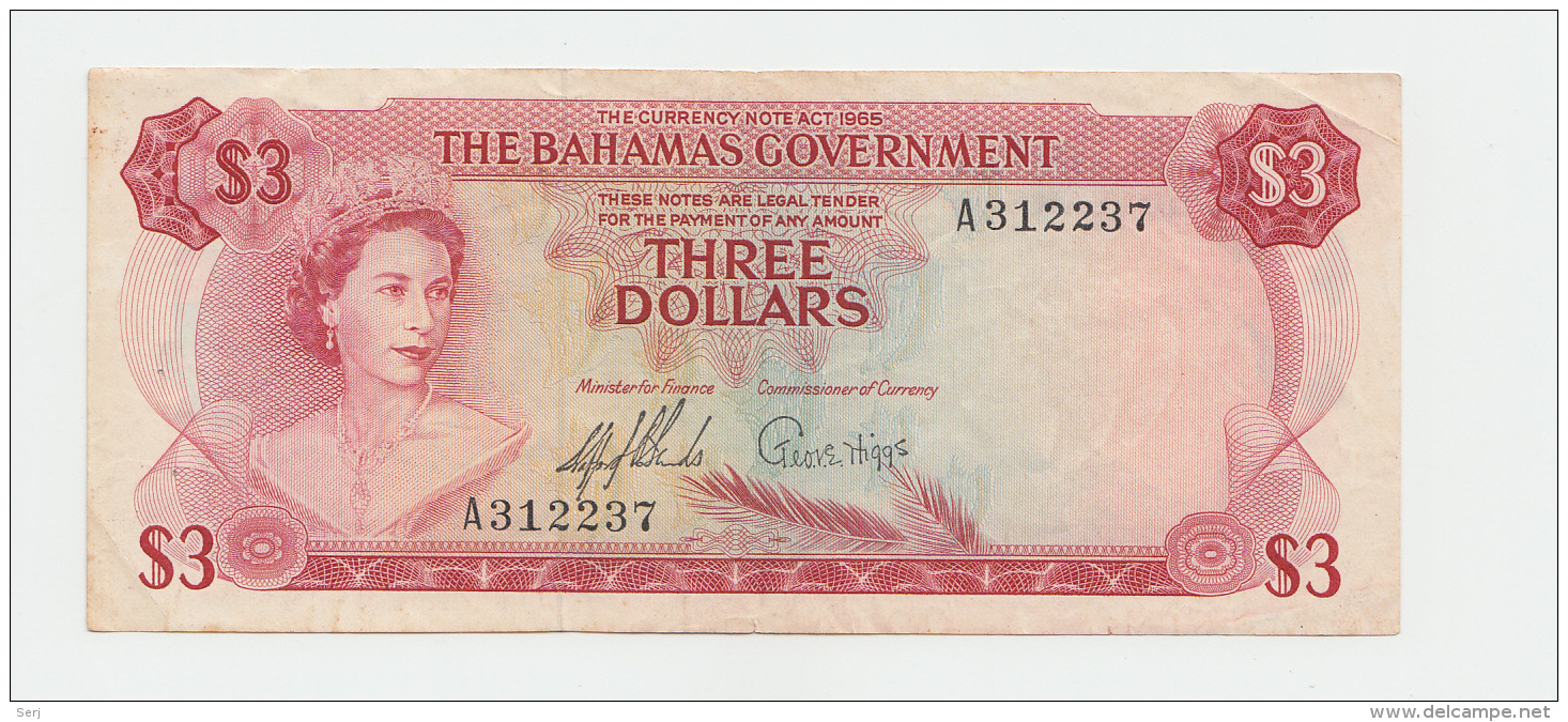 BAHAMAS 3 DOLLARS L. 1965 "F+" Pick 19a 19 A - Bahamas