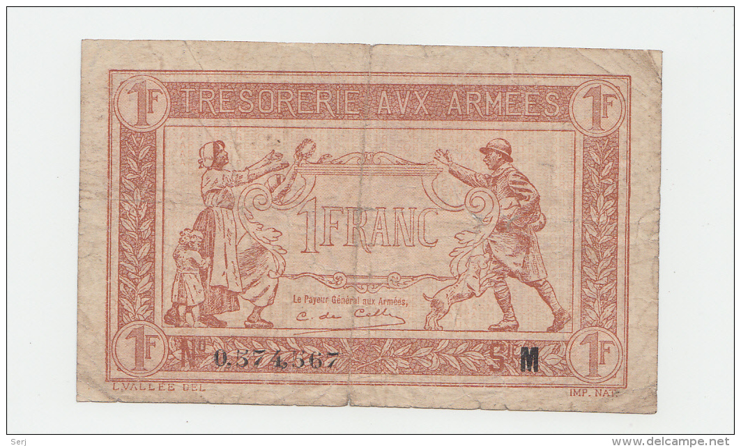 FRANCE 1 FRANC TRESORERIE AUX ARMEES 1917 "VG" Pick M2 - 1917-1919 Army Treasury