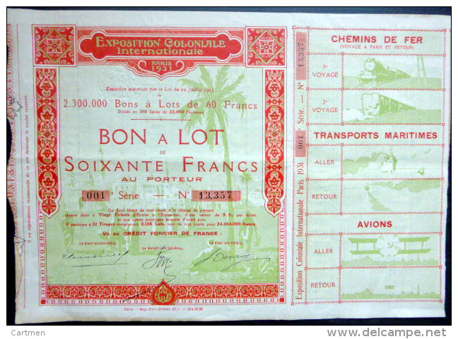 BON A LOT  DE SOIXANTE FRANCS  EXPOSITION COLONIALE DE 1931 BIEN ILLUSTREE - Transports